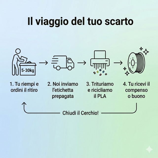Diagramma del processo di riciclo PLABank: dall'ordine del ritiro alla ricezione del voucher sconto
