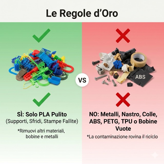 Confronto visivo tra materiali accettati (PLA pulito) e materiali non accettati (metalli, ABS, colle) per il riciclo